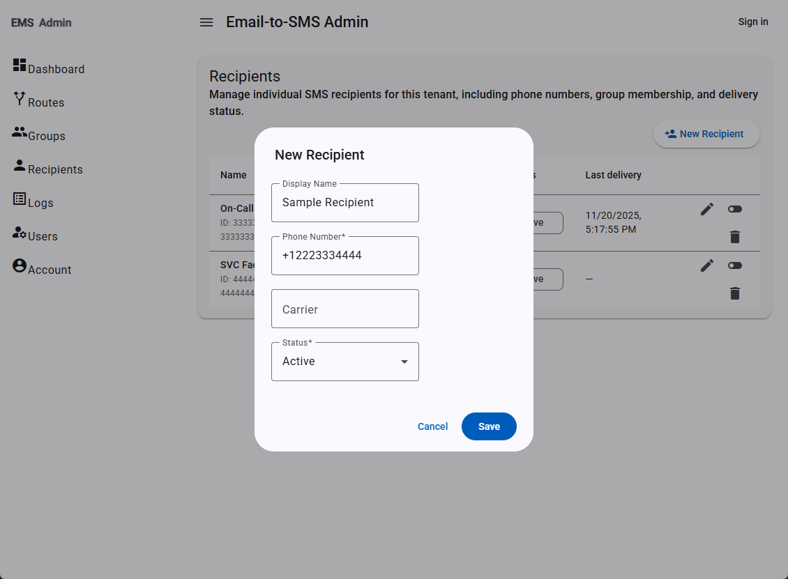 Administrator adding an SMS recipient in the Alert Bridge admin console